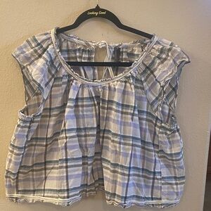 Anthropologie Swing White Lavender Blue and Moss Plaid Blouse Lg